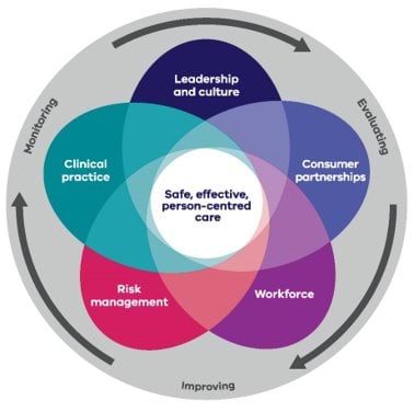 Diagram showing the five domains of the framework: leadership and culture, consumer partnerships, workforce, risk management, clinical practice.
