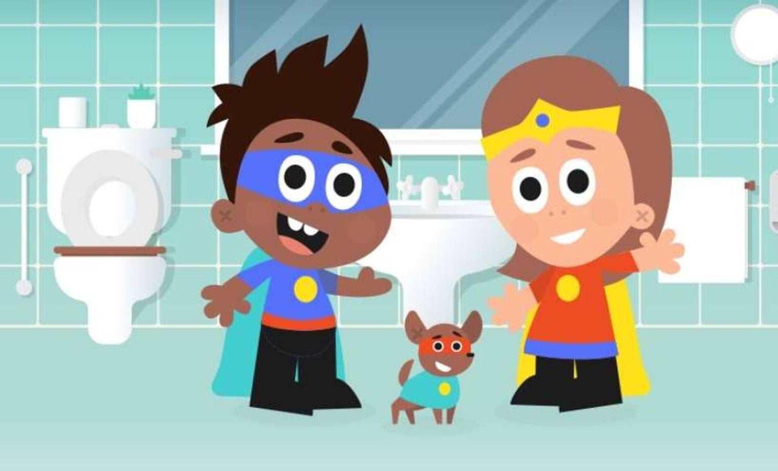 two children dressed in capes and masks with a dog