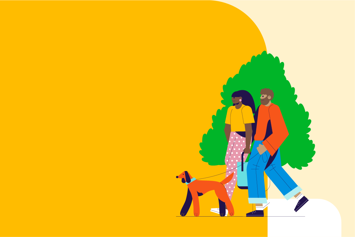 Illustration of a man and a women walking a door