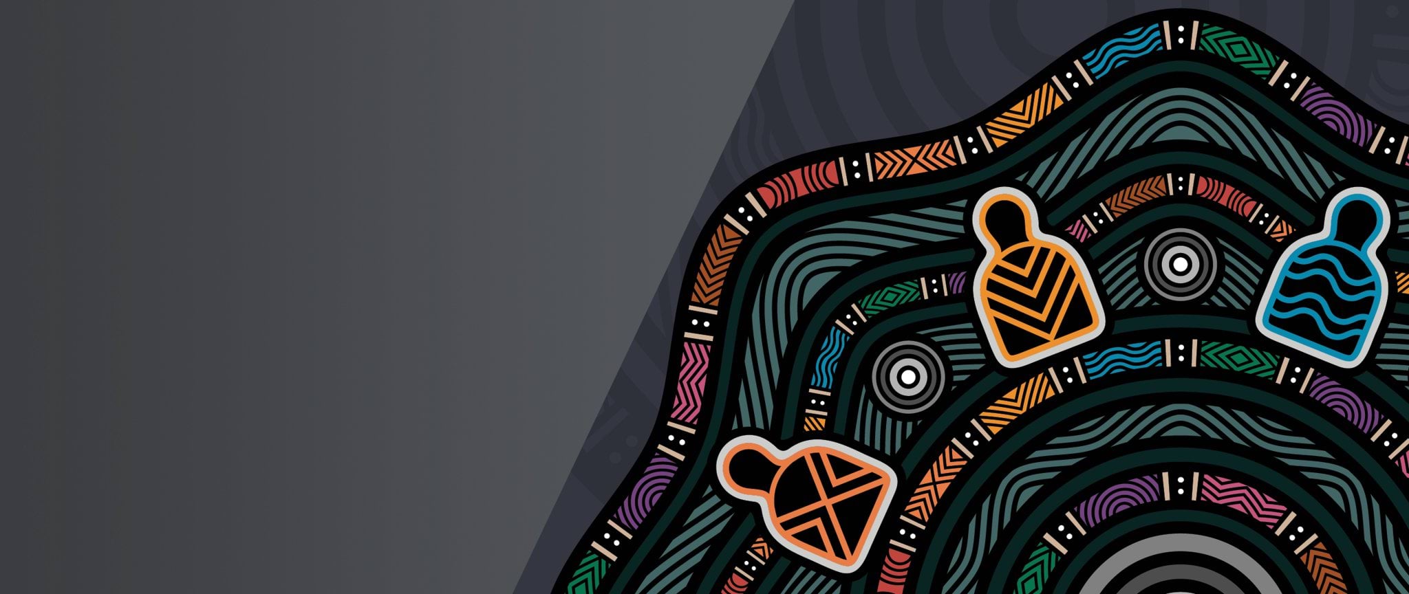 Artwork by an Aboriginal artist. There are coloured lines - pink, orange, green, purple and blue - over a black background.