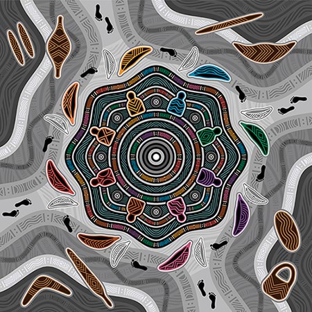 Artwork by an Aboriginal artist. There are coloured lines - pink, orange, green, purple and blue - over a grey background.