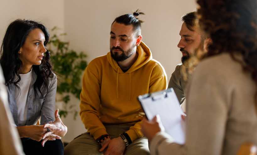 four people seated in a group with one person talking and one holding a clip board