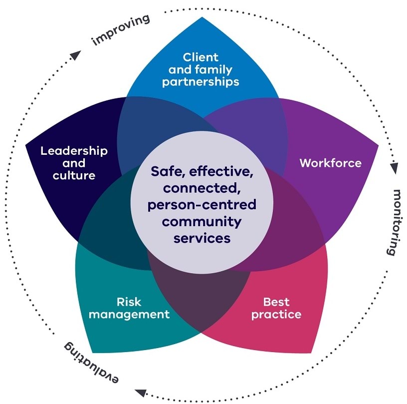 Quality governance domains are Client and family partnerships, Workforce, Best practice, Risk management, Leadership and culture